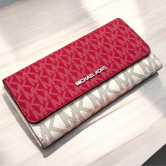 Michael Kors Large Jet Set Travel Trifold Wallet Dark Raspberry Multi - Picture 1 of 6